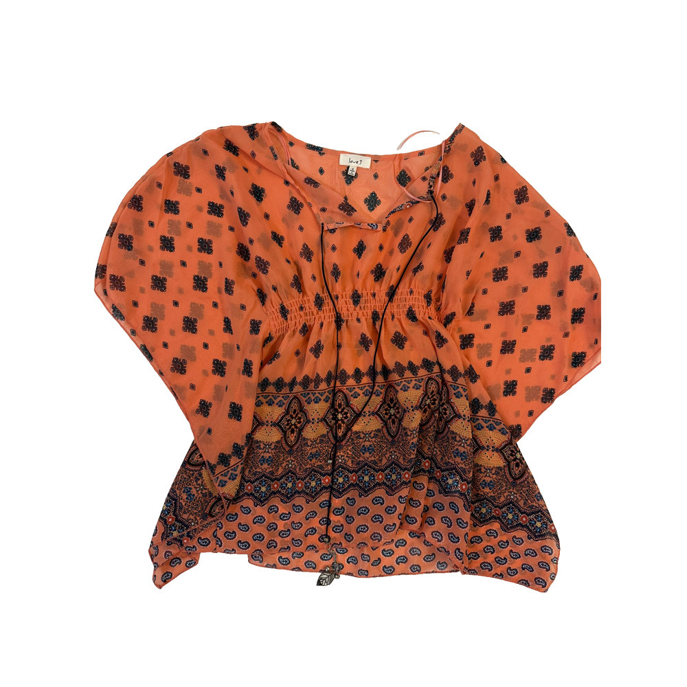 Love J Boho‎ Peasant Top Women's SM Orange Sheer Leaf Tie Cottagecore Colorful
